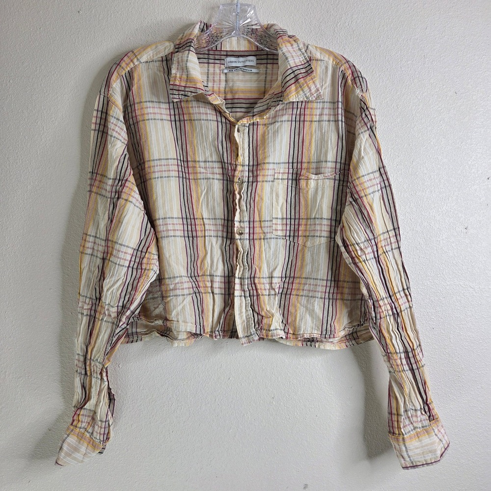 Urban Outfitters Top Medium‎ Beige Yellow Plaid Button Down Shirt Cropped